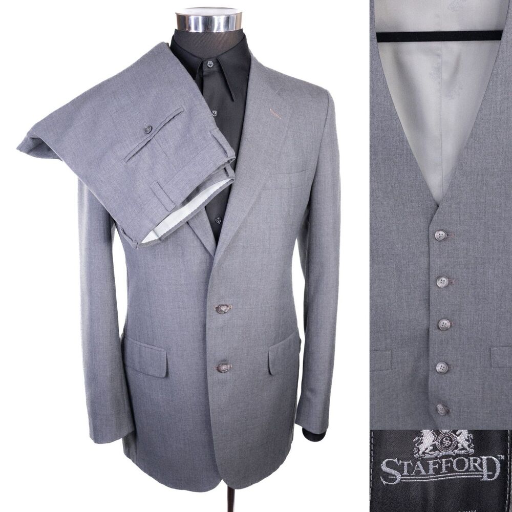 VTG Stafford 3-Pcs Solid Gray Suit Jacket Blazer Sz 40R Pants 32X30.5 Two Button